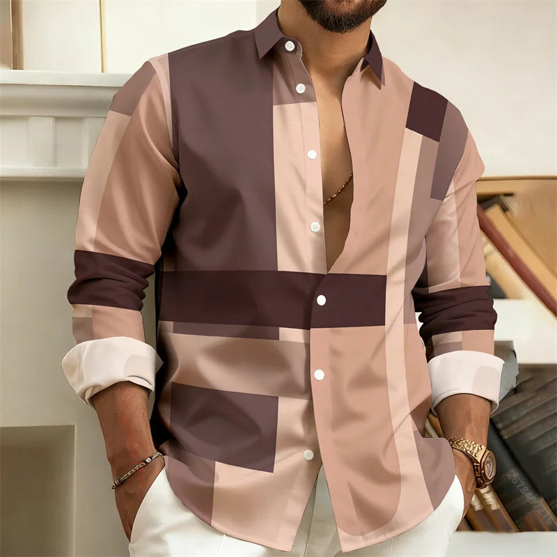New Men's Color-Block Patchwork Long-Sleeved Shirt, Geometric Striped Casual Business Shirt, Slim-Fit Men's Top, Sizes S-6XL.