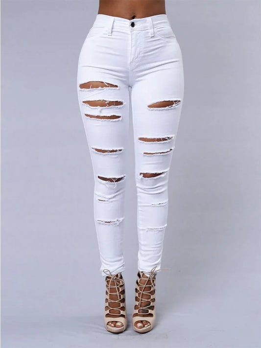 Fashionable Women’s Solid Color Ripped Jeans European American Style High Waist Slim Fit Stretch Denim Pencil Pants Casual Streetwear Everyday Versatile Trousers