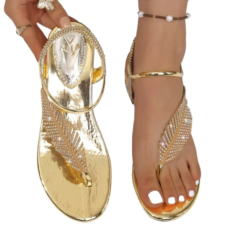 Women’s Gold & Silver Gladiator Flat Sandals – Elegant Ankle Strap Roman Style Summer Beach Shoes with Plus Size Fit