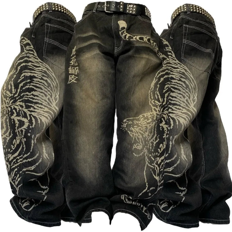 2025 Fashion New Oversized Pattern Printing Baggy Jeans Men Y2K Street Vintage Rock Casual Straight High Waist Wide Leg Trousers