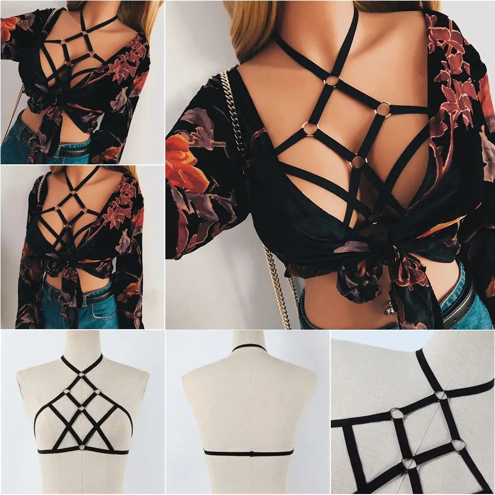 Fashion  Women's Sexy Black Lingerie Hollow Caged Harness Bra Tops Push Up Bralette Bustier Belt Bra