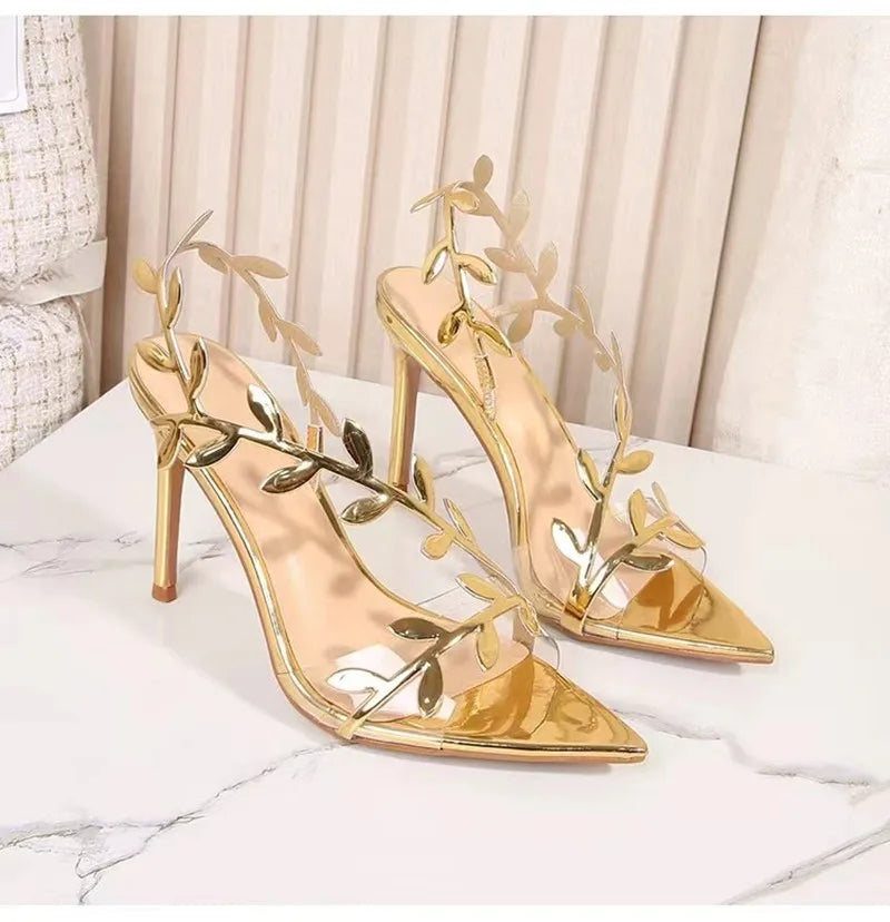 Star Style Summer Fashion Sequined Patent Leather Leaf Women Sandals Elegant Pointed Toe Stiletto High Heels Prom Dresses Shoes