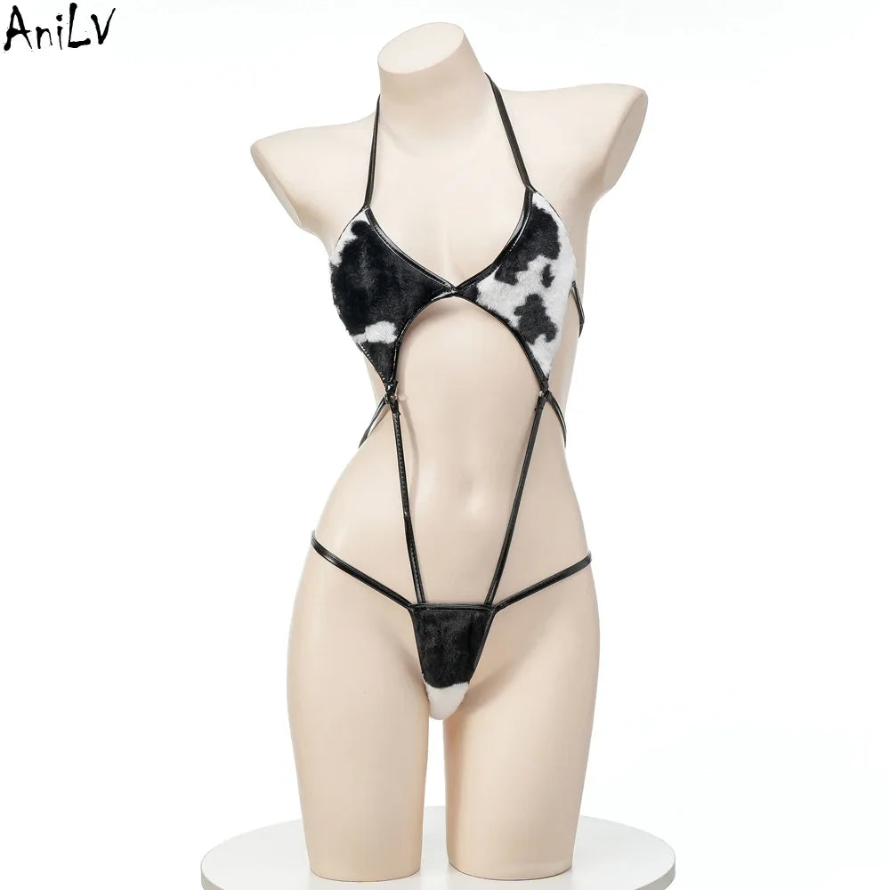 Women’s Kawaii Cow Maid Swimsuit Cosplay Set