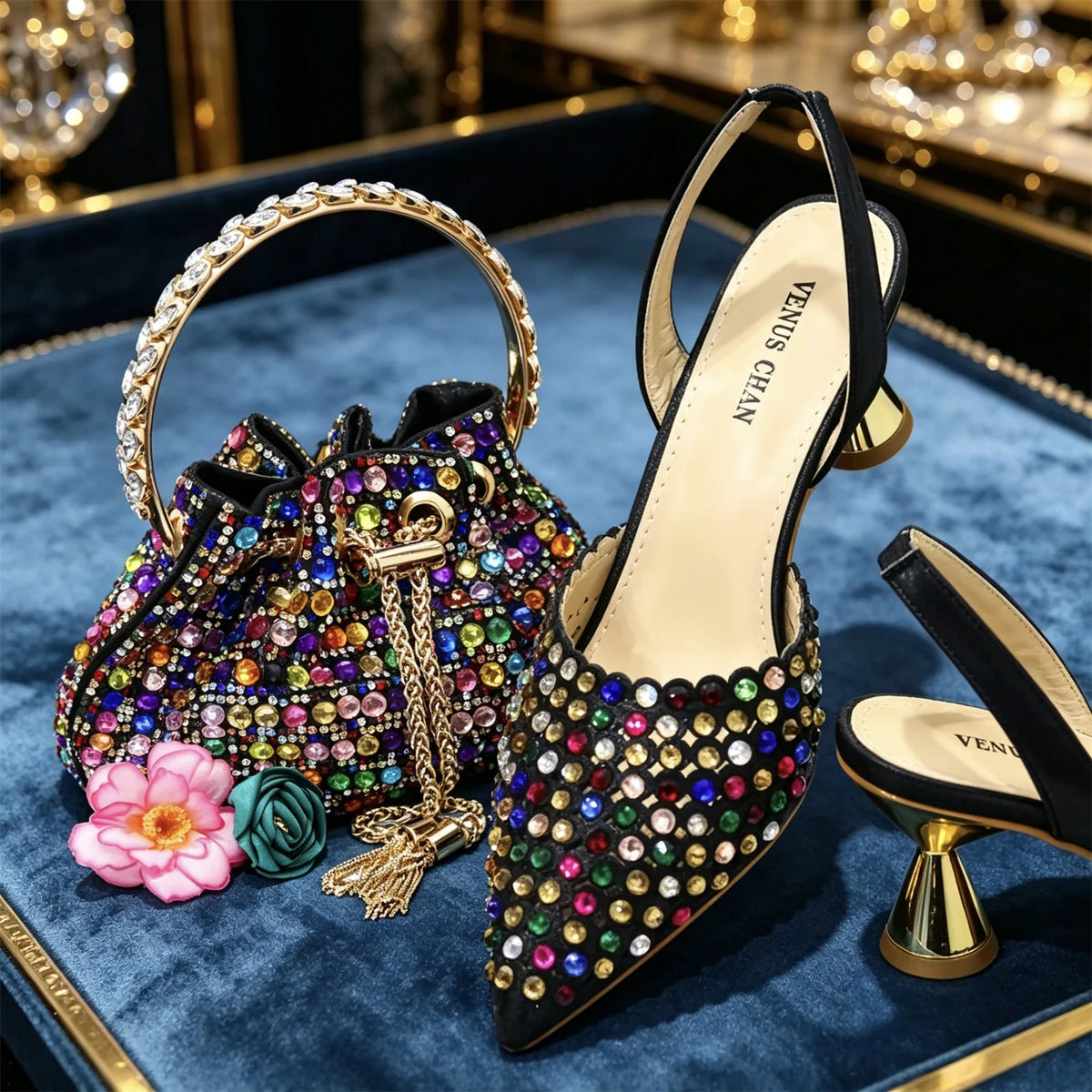 Venus Chan 2026 Elegant Women's Pointed Toe Heels - Wine Color Full Diamond Pumps with Matching Italian Shoes & Bags Set