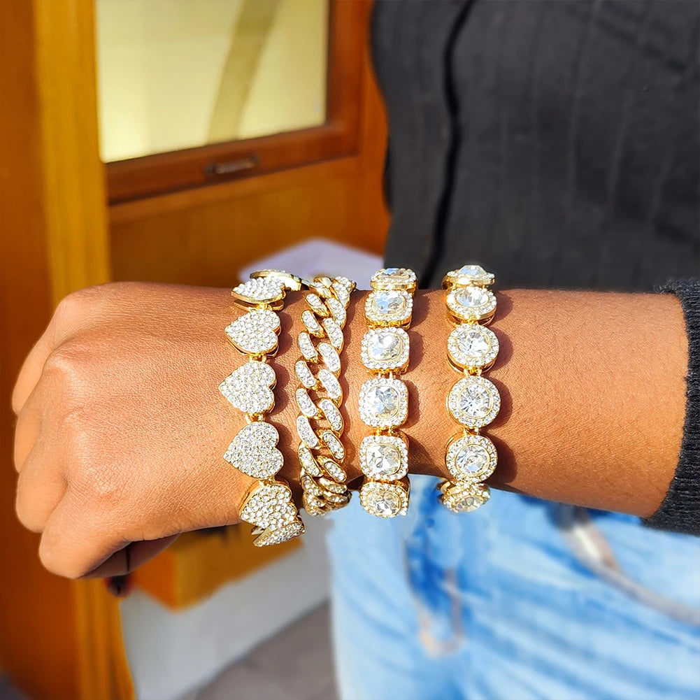Iced Out Pink Cuban Bracelet Set for Women – 4Pcs Hip Hop Crystal Heart, Circle & Square Gold/Silver Tone Bracelets, Fashion Jewelry Gift