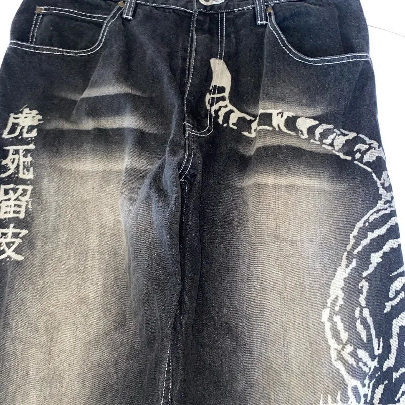 2025 Fashion New Oversized Pattern Printing Baggy Jeans Men Y2K Street Vintage Rock Casual Straight High Waist Wide Leg Trousers