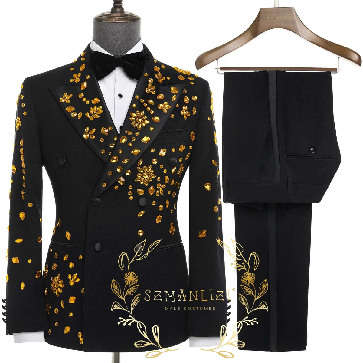 Luxury Black 2 Pieces Set Men's Suits Crystals Peaked Lapel Groom Wedding Formal Male Party Prom Tuxedos Best Man Blazers