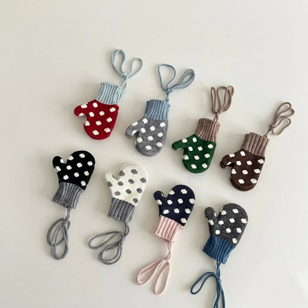 Autumn Winter Baby Anti-lost Gloves Korean Fashion Polka Dot Mittens Kids Gloves Warm Knitted Toddler Gloves for Outdoor Wear