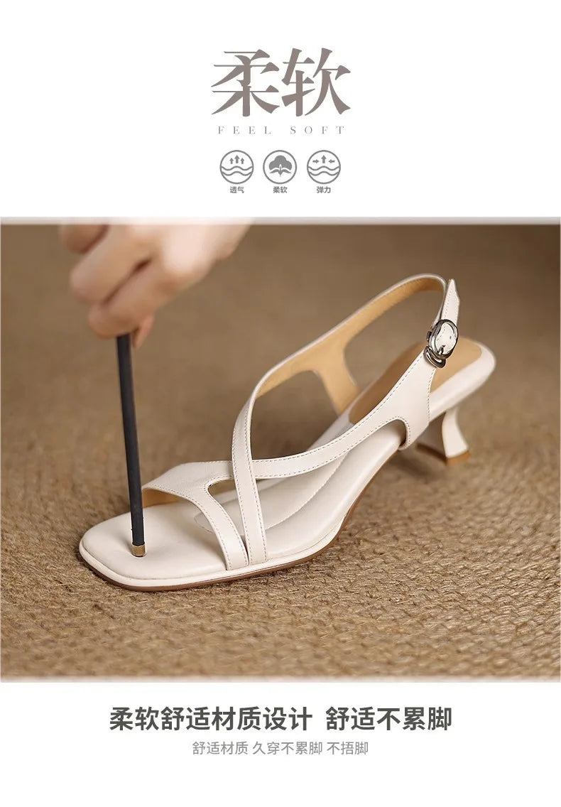 Women’s Elegant Square Toe Cross Strap Sandals Low Heel Buckle Soft Sole Comfortable Summer Dress Fashion Shoes