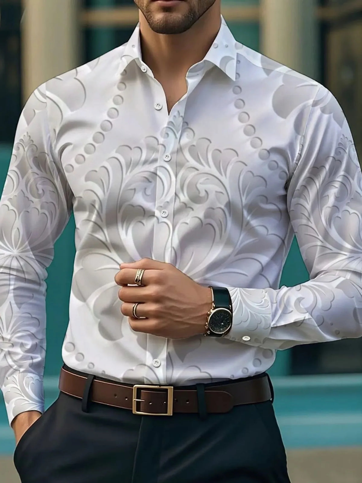 New blue and white geometric wave dynamic printed shirt with trendy technology for men's slim fit long sleeved shirt