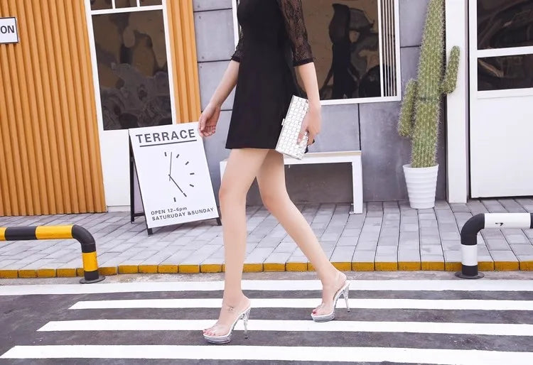 Ladies Crystal Sandals 12cm 13CM 15cm Thin Heel Slippers Transparent Model Runway Training High Heels Catwalk Performance Shoes
