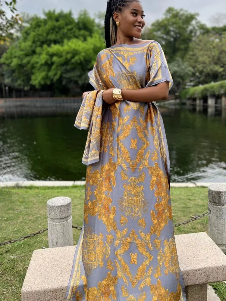Women’s Luxury Satin-Style Printed Abaya Dress