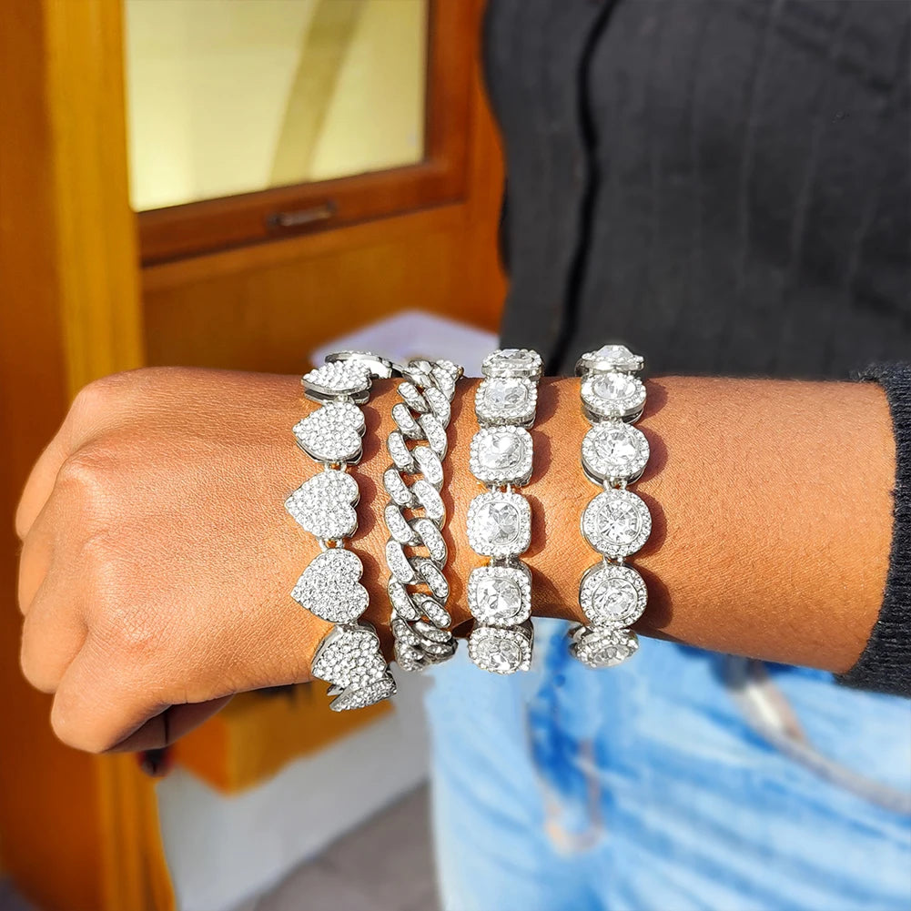 Iced Out Pink Cuban Bracelet Set for Women – 4Pcs Hip Hop Crystal Heart, Circle & Square Gold/Silver Tone Bracelets, Fashion Jewelry Gift