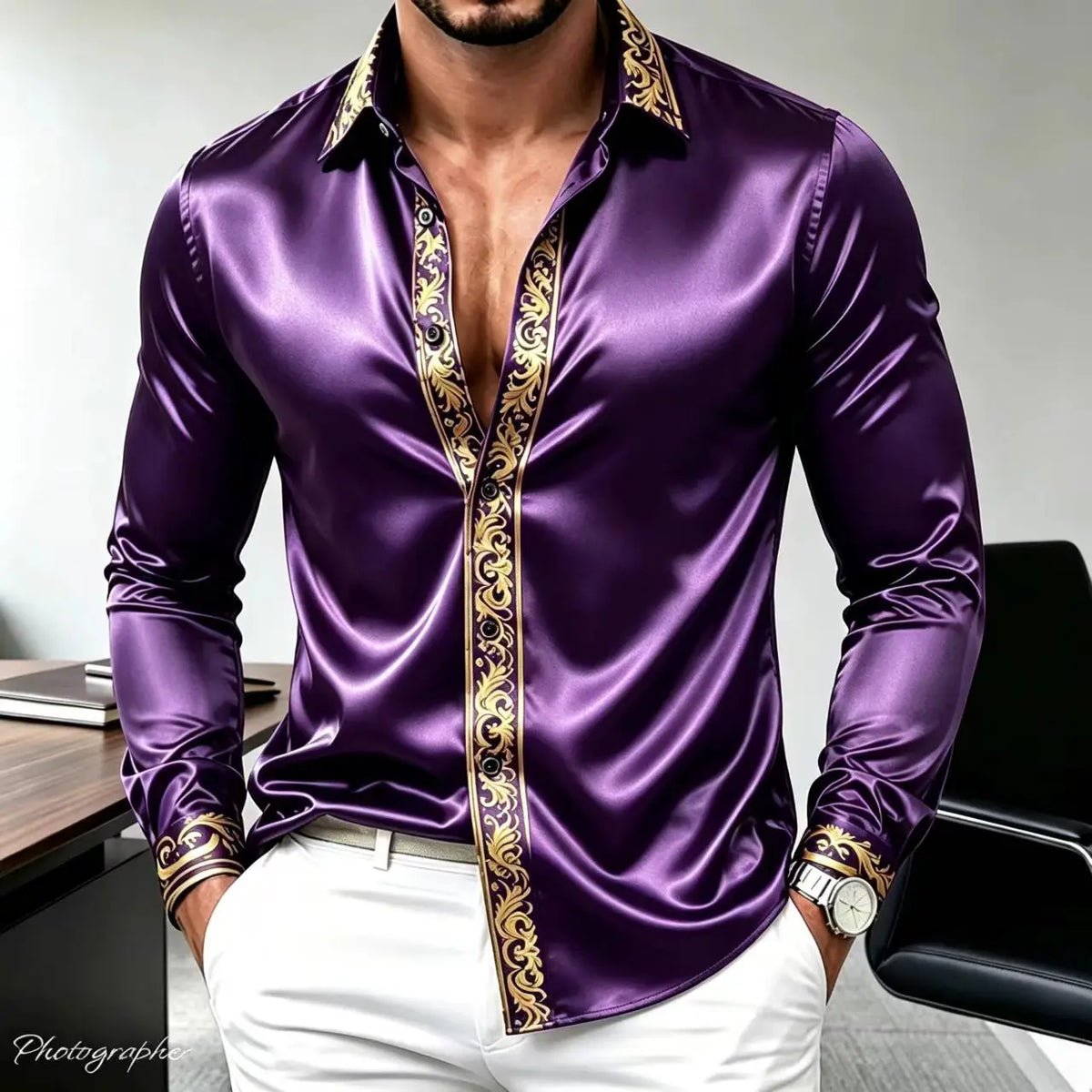 Men's Luxury Satin Silk Shirt Long Sleeve Gold Baroque Print Slim Fit Casual Business Party Dress Shirt Streetwear
