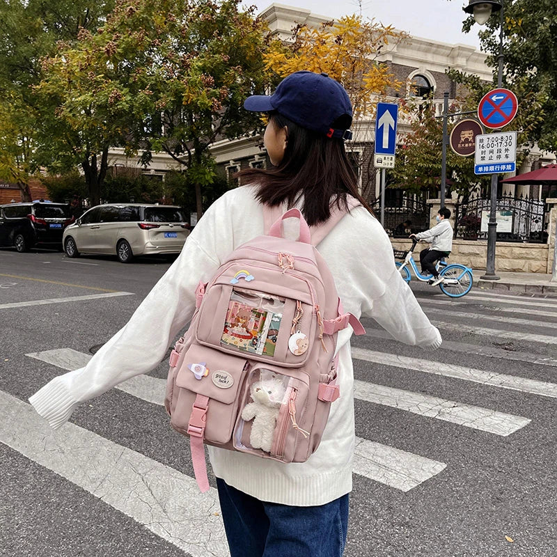 Cute Women’s Waterproof Nylon Backpack – Multi-Pocket Kawaii School Bag, Laptop & Book Pack for Girls, Stylish Student Travel Backpack