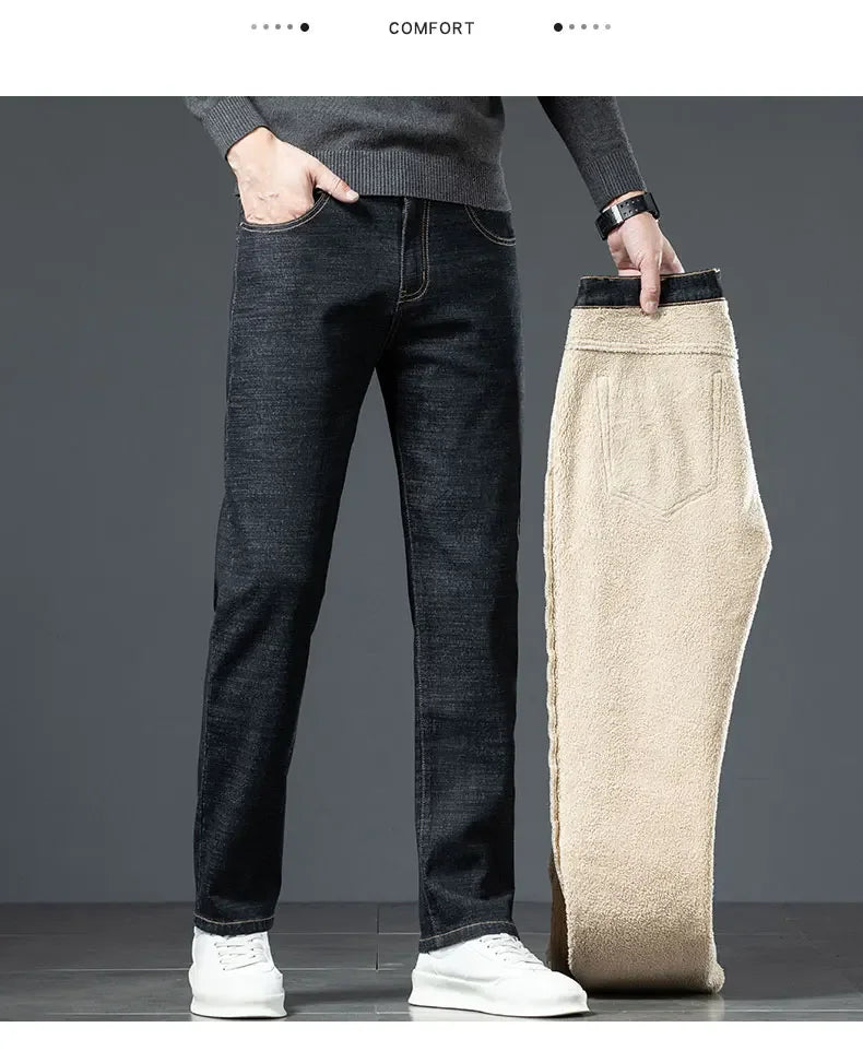 Plus Size 44 46 Casual Sherpa Warm Jeans Men Winter Velvet Thick Trousers Loose Straight Business Classic Fleece Denim Pants