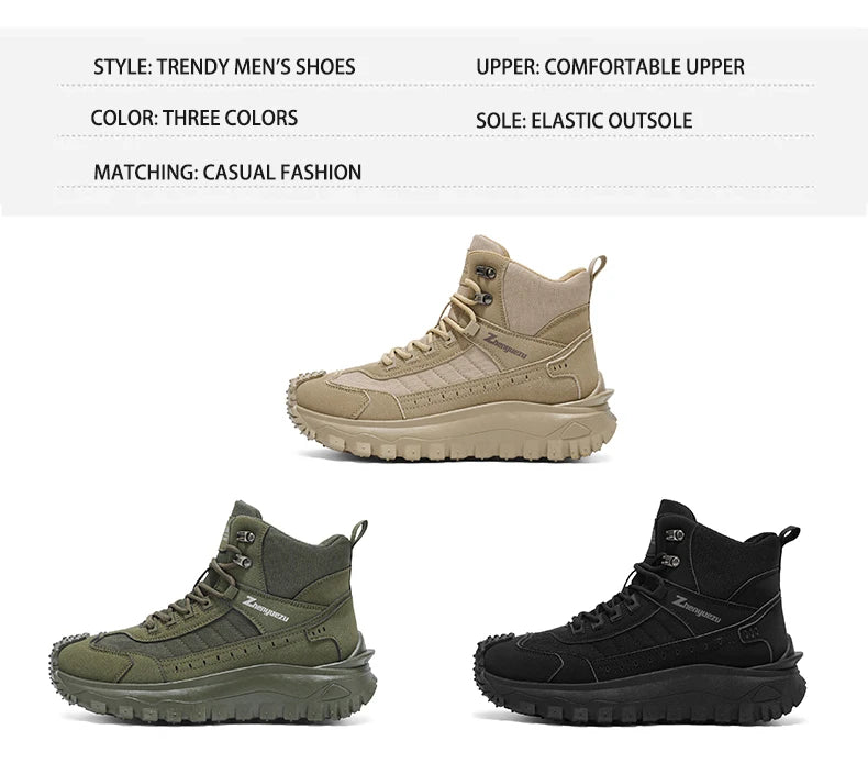 Men's Thick-Soled High-Top Boots, Non-Slip and Wear-Resistant, Suitable for Outdoor Hiking and Everyday Casual Wear
