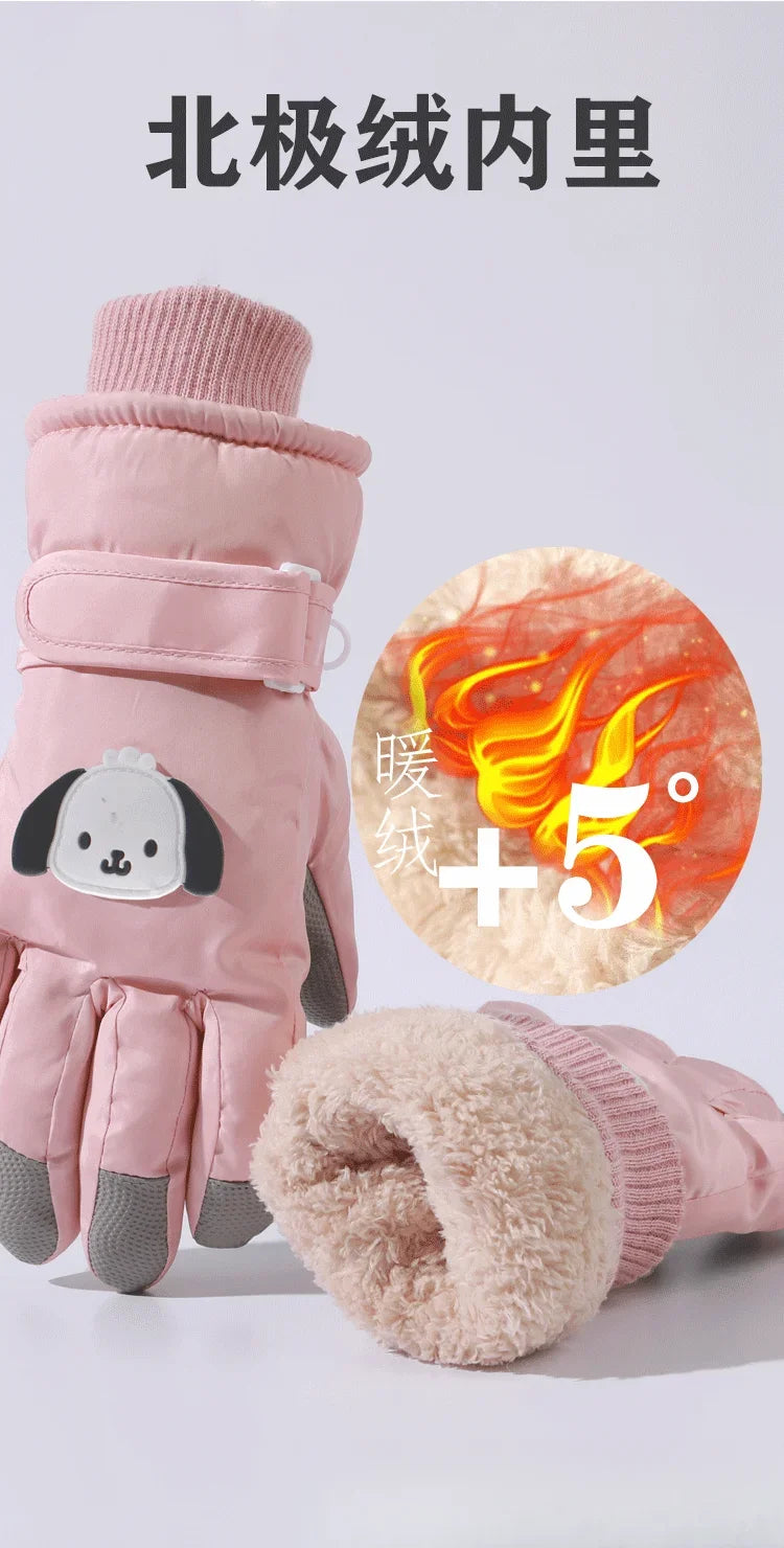 Kids Ski Gloves Boys Girls Winter Warm Fleece Lined Cotton Padded Thickened Anti-Slip Cute Snow Play Water Resistant Snowboard