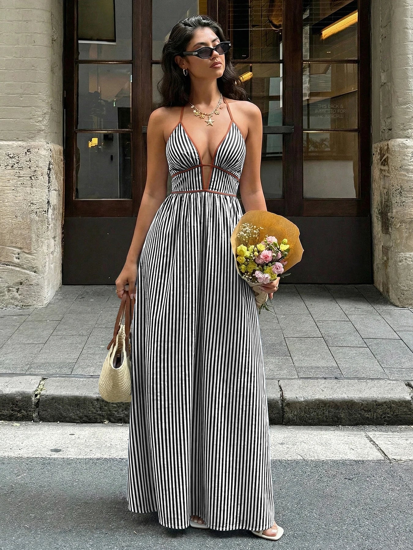 Women’s Striped Backless Maxi Dress