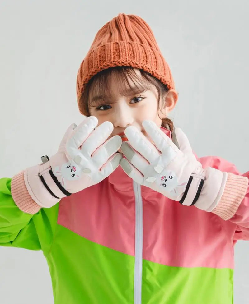 Winter Ski Gloves for Children Windproof Thickened Five-Finger Gloves Cartoon Printed Boys Girls Snow Warm Accessories 4-12Years