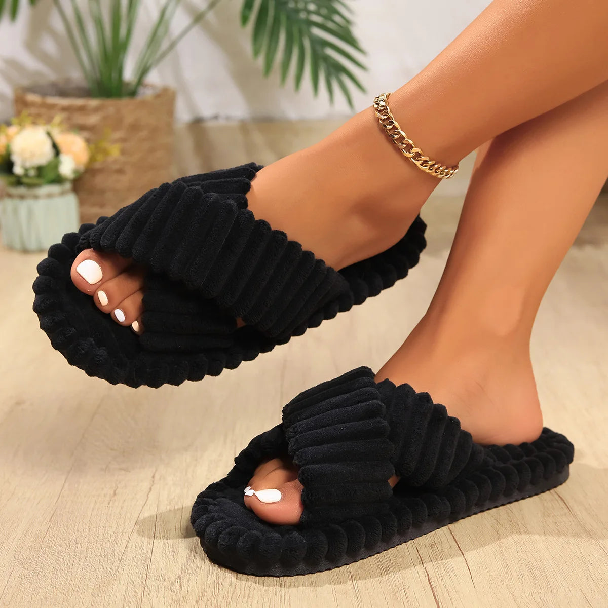 Evshine Women's Furry House Slippers Fashion Cross Straps Fur Fluffy Slides Soft Cozy Memory Foam Shoes Lady Open Toe Flat Slide
