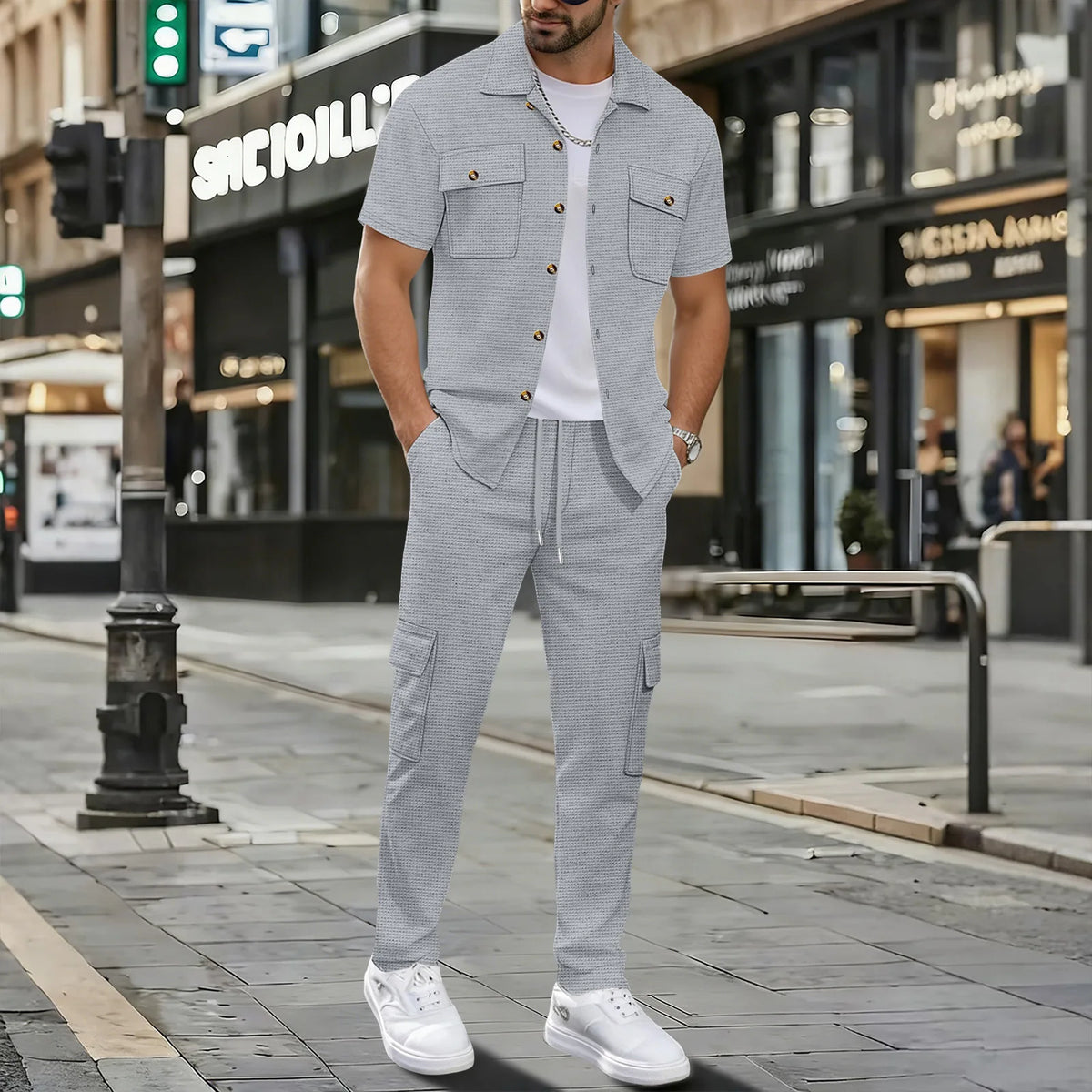 Men's Matching Sets: Waffle Knit 2PC Outfit & Light Coats, Short Sleeve Cargo Shirt & Drawstring Multi-Pkt Pants for Daily
