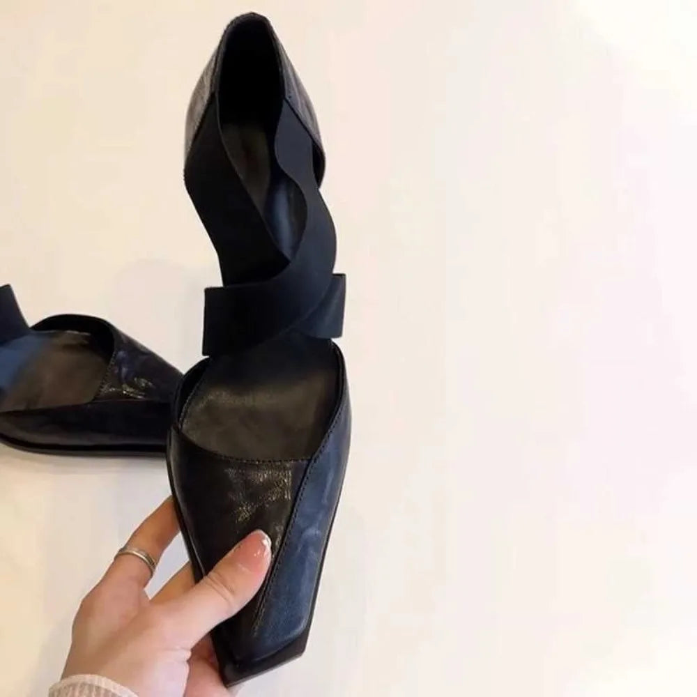 Women’s French Elegant Mary Jane Pumps with Cross Elastic Strap, Square Toe & Block Heel