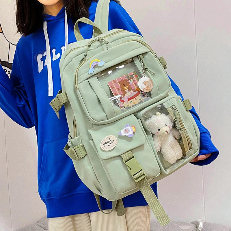 Cute Women’s Waterproof Nylon Backpack – Multi-Pocket Kawaii School Bag, Laptop & Book Pack for Girls, Stylish Student Travel Backpack