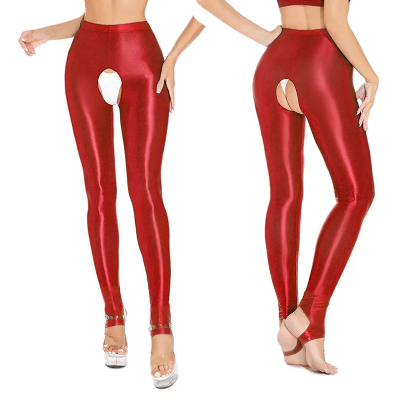 Womens Oil Glossy Open Crotch Leggings Sexy Crotchless Pants Elastic Waistband Stretchy Thigh Skinny Trouser for Yoga Nightwear