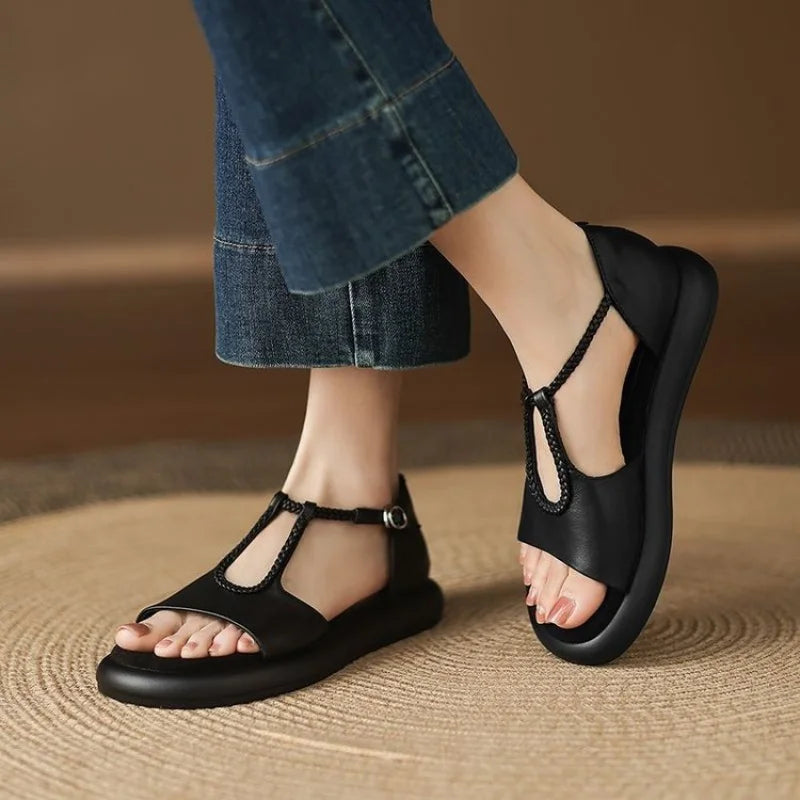 2026 Summer New Women's Flat Sandals, Fashion T-Strap Braided, Casual Comfortable Non-Slip Beach Shoes for Ladies