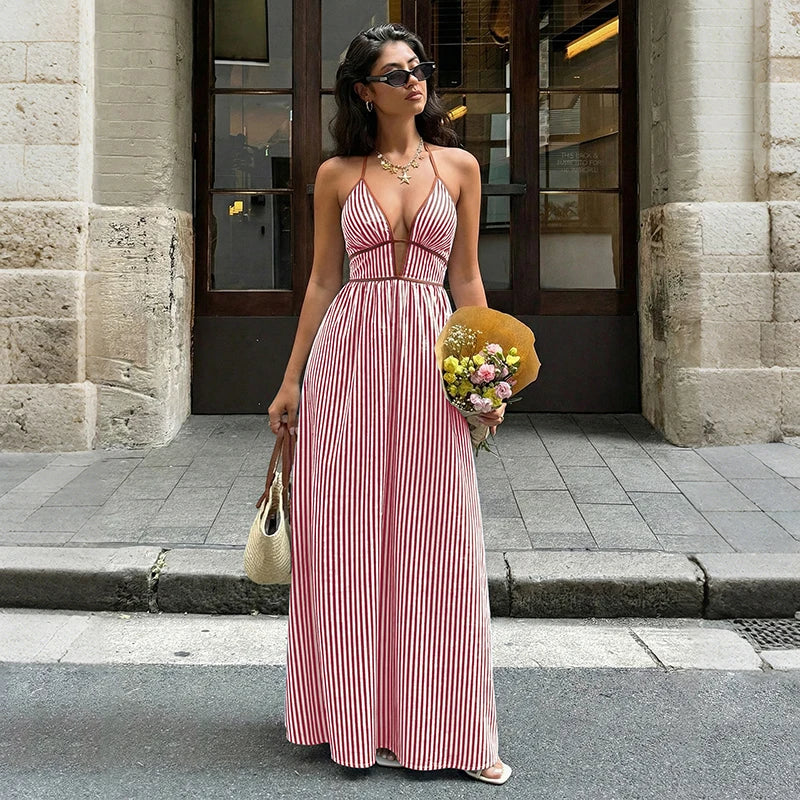 Women’s Striped Backless Maxi Dress