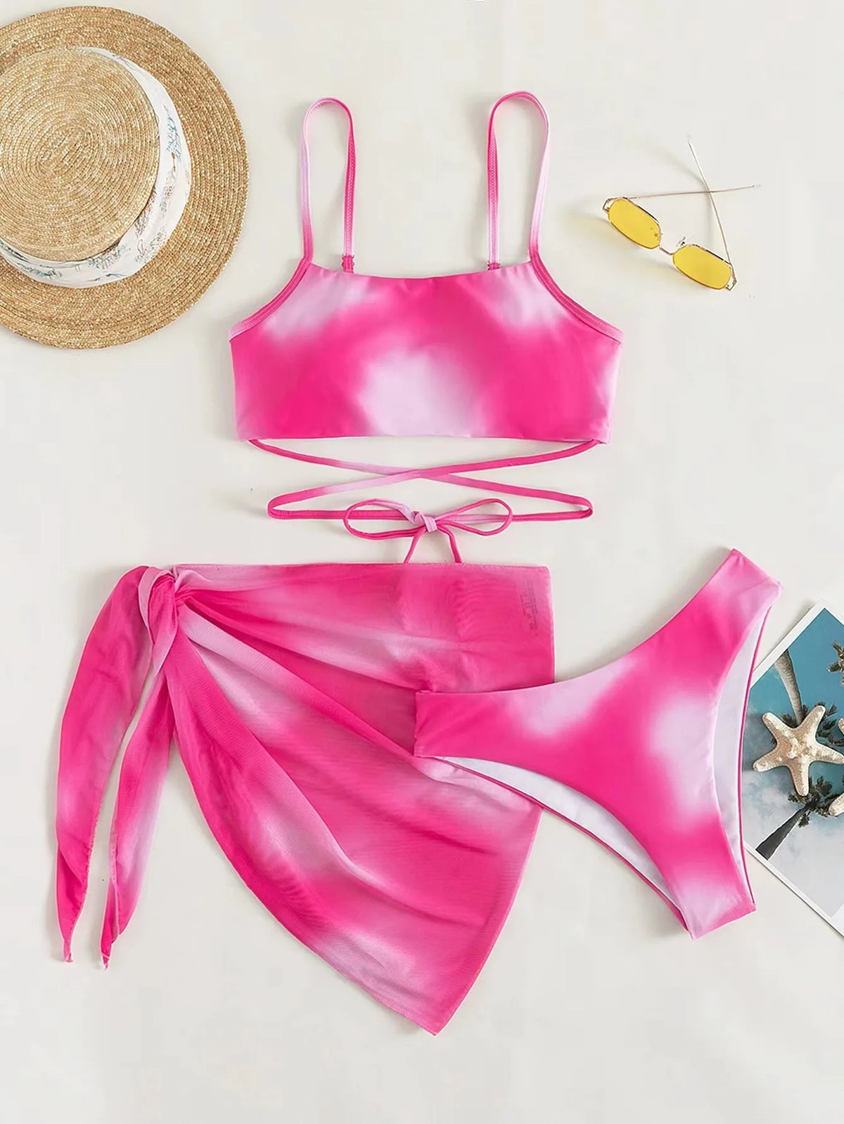 Tie Dye Bikini Swimsuit Women's Three Piece Set Mesh Skirt Split Body Suspender Fashionable Swimsuit Padded Bikini Set Swimwear