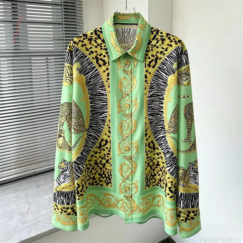Men's shirt retro Baroque animal print shirt casual loose long sleeved shirt light luxury design sense men's top XS-6XL size