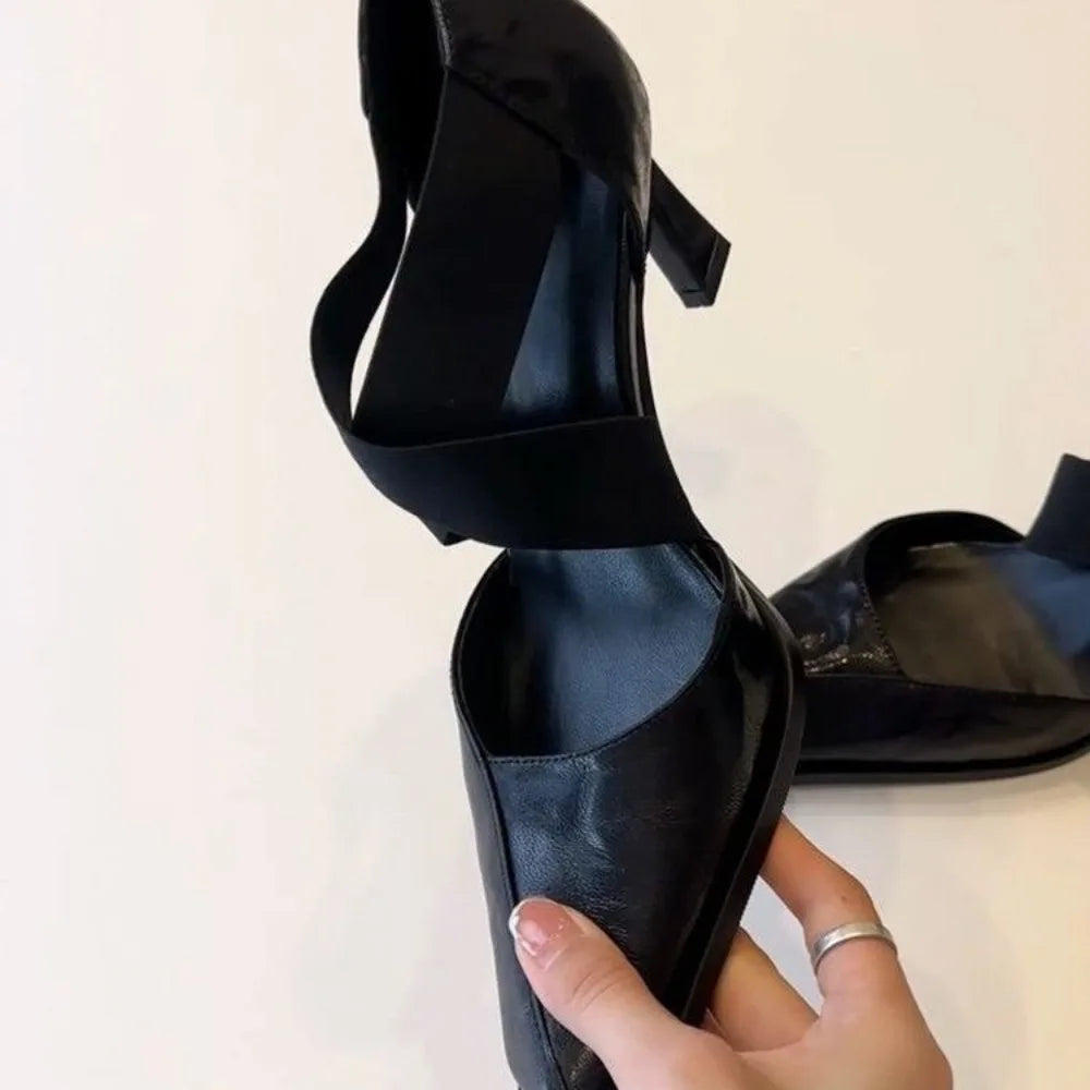 Women’s French Elegant Mary Jane Pumps with Cross Elastic Strap, Square Toe & Block Heel