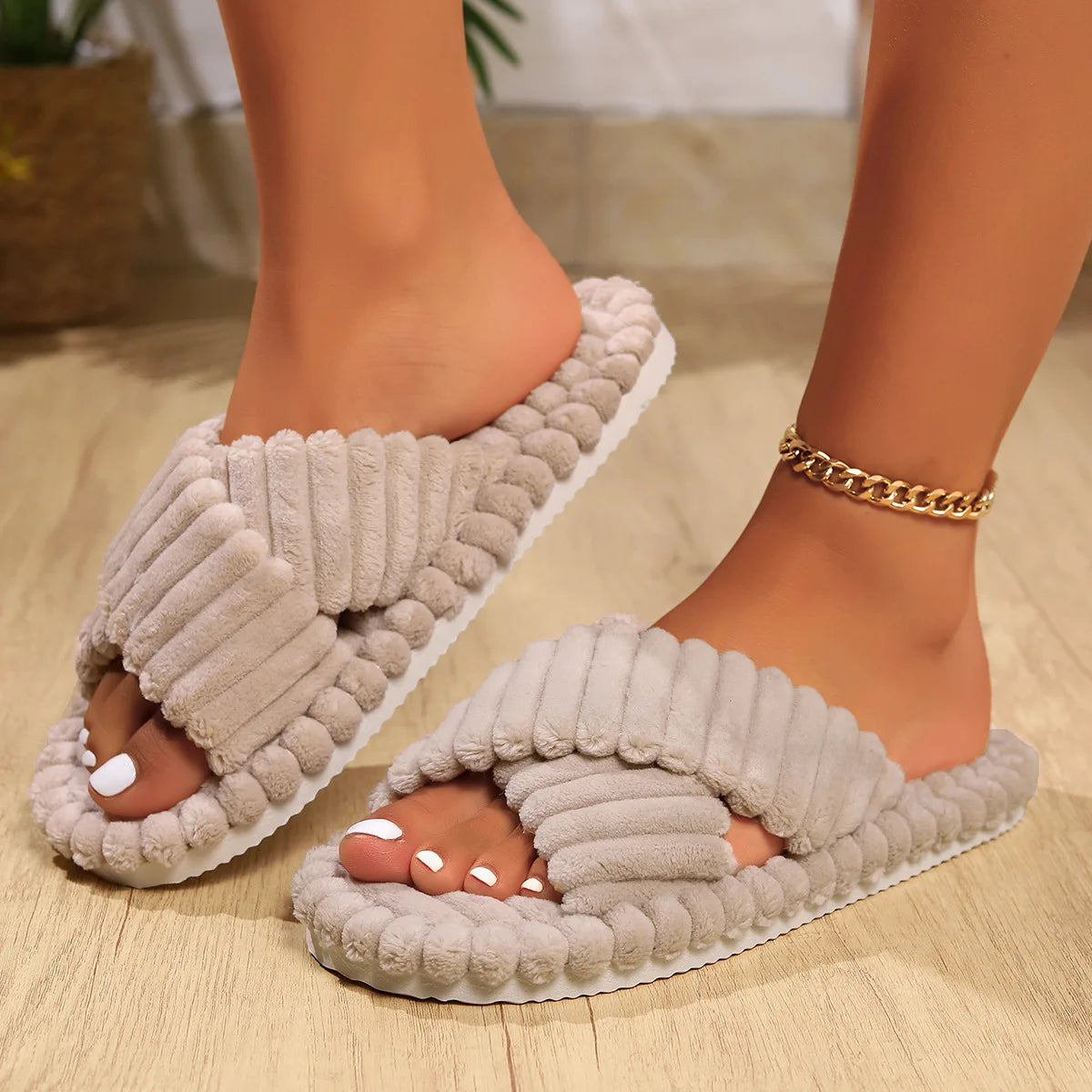 Evshine Women's Furry House Slippers Fashion Cross Straps Fur Fluffy Slides Soft Cozy Memory Foam Shoes Lady Open Toe Flat Slide