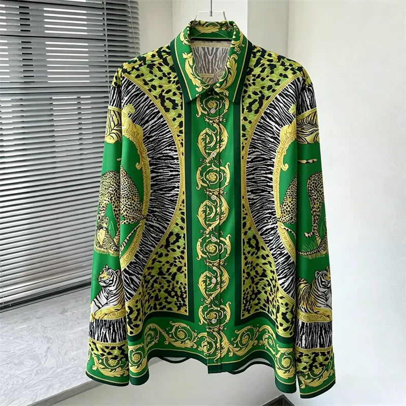 Men's shirt retro Baroque animal print shirt casual loose long sleeved shirt light luxury design sense men's top XS-6XL size