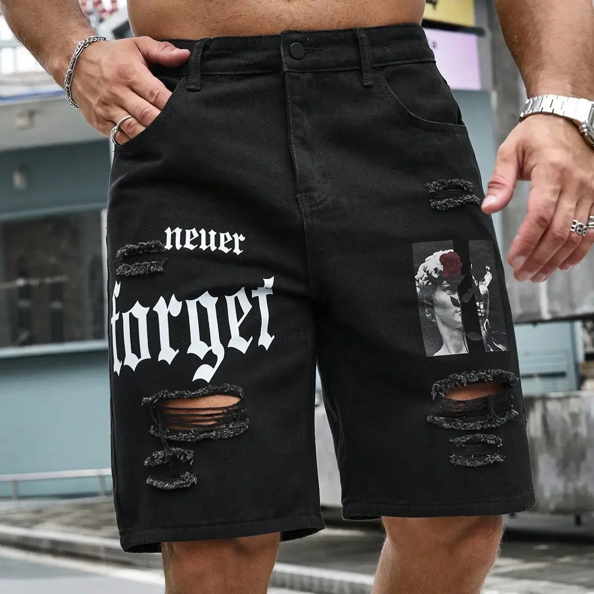 Men Summer Fashion Denim Shorts Jeans For Men Streetwear Letter Ripped Knee Length Baggy Comfort Cargo Casual Shorts Pants Jeans