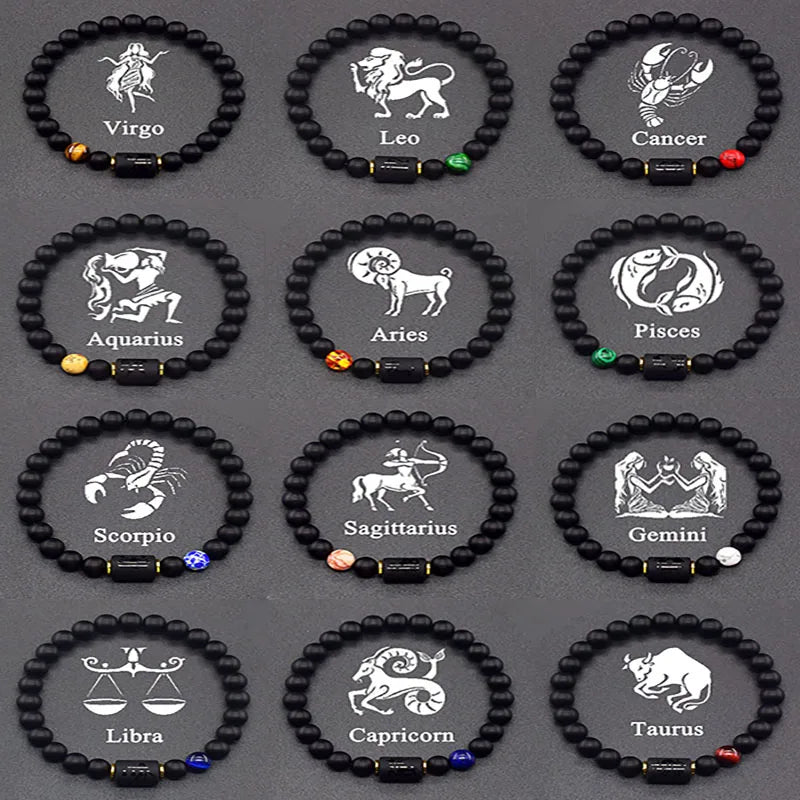 12 Zodiac Constellation Signs Bracelet for Men & Women – Natural Tiger Eye Stone Beaded Bracelet, Leo Taurus Charm Couple Jewelry