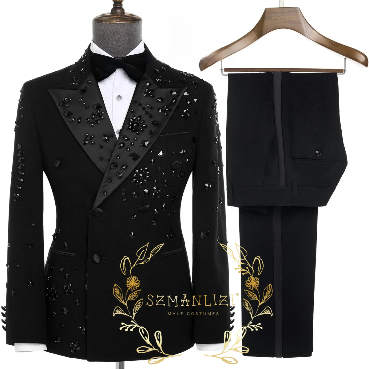 Luxury Black 2 Pieces Set Men's Suits Crystals Peaked Lapel Groom Wedding Formal Male Party Prom Tuxedos Best Man Blazers