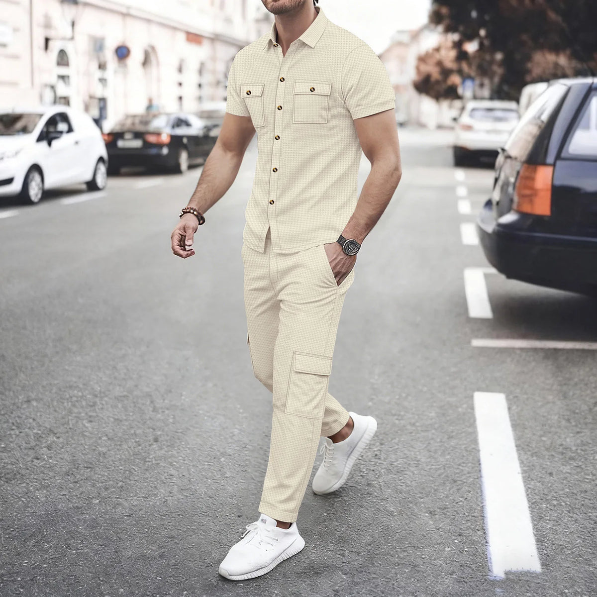 Men's Matching Sets: Waffle Knit 2PC Outfit & Light Coats, Short Sleeve Cargo Shirt & Drawstring Multi-Pkt Pants for Daily