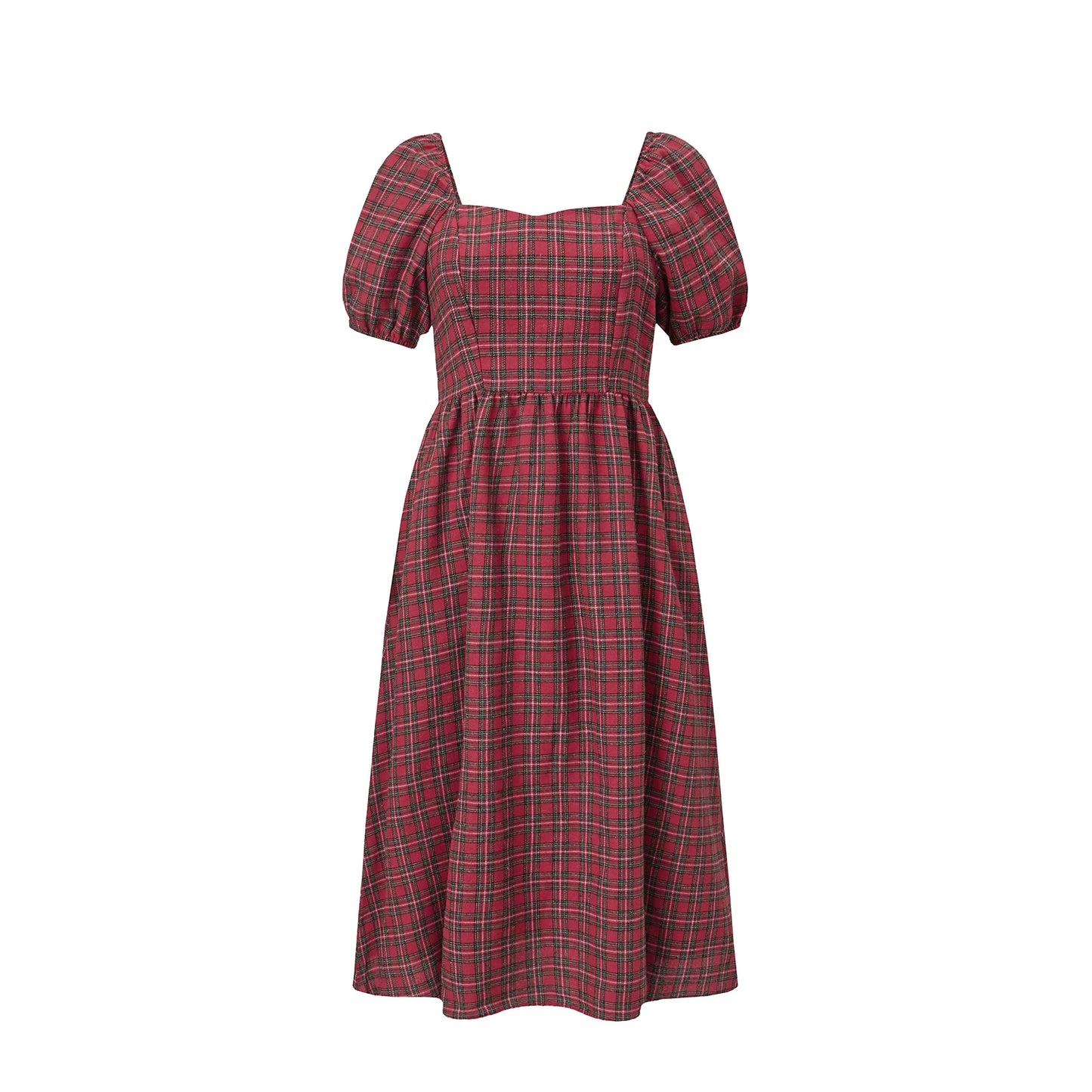 Plaid Puff-Sleeve Midi Dress
