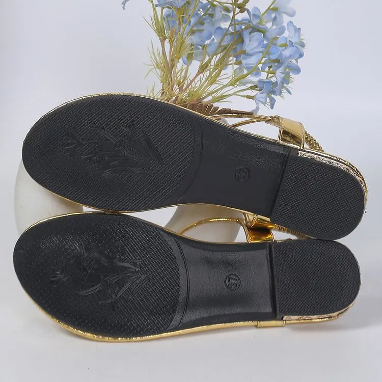 Women’s Gold & Silver Gladiator Flat Sandals – Elegant Ankle Strap Roman Style Summer Beach Shoes with Plus Size Fit