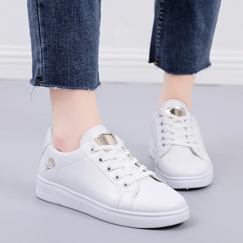 Women’s Floral Embroidered White Sneakers – Breathable PU Leather Lace-Up Casual Fashion Walking Shoes