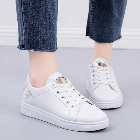 Women’s Floral Embroidered White Sneakers – Breathable PU Leather Lace-Up Casual Fashion Walking Shoes