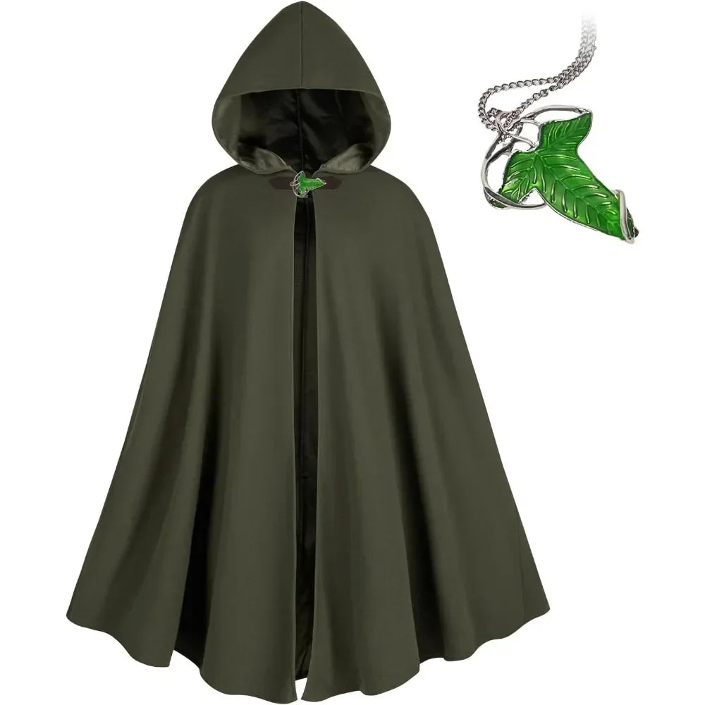 Medieval Costume Cloak with hood men Adult Renaissance Hooded Cloak with Green Leaf Brooch Necklace