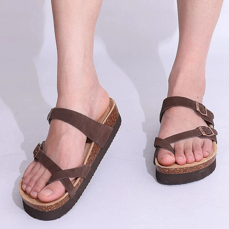 Litfun Classic Leather Cork Slippers Women Fashion Suede Flats Sandals Thick Footbed Cork Slides Unisex Outdoor Beach Slippers