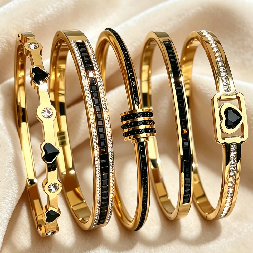 ZAKOL 5/1PCS Bling Black Crystal Zircon Stainless Steel Bracelet Set for Women – Trendy Waterproof Stackable Fashion Jewelry