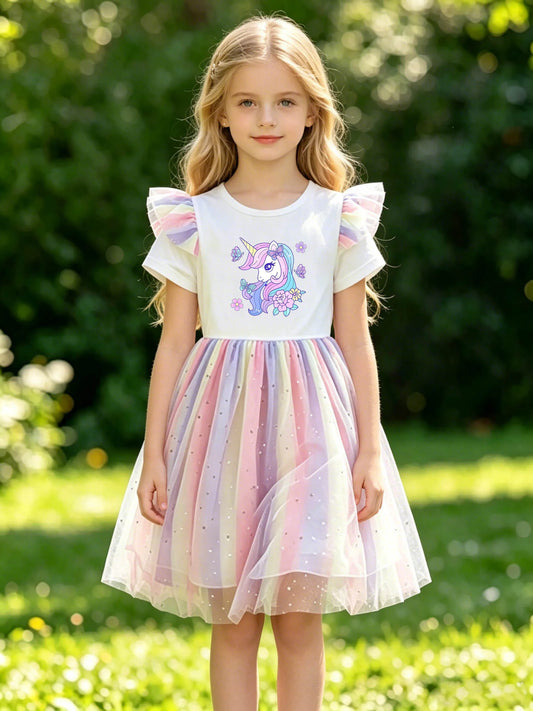 Girls Floral Butterfly Unicorn Rainbow Sequin Tulle Dress