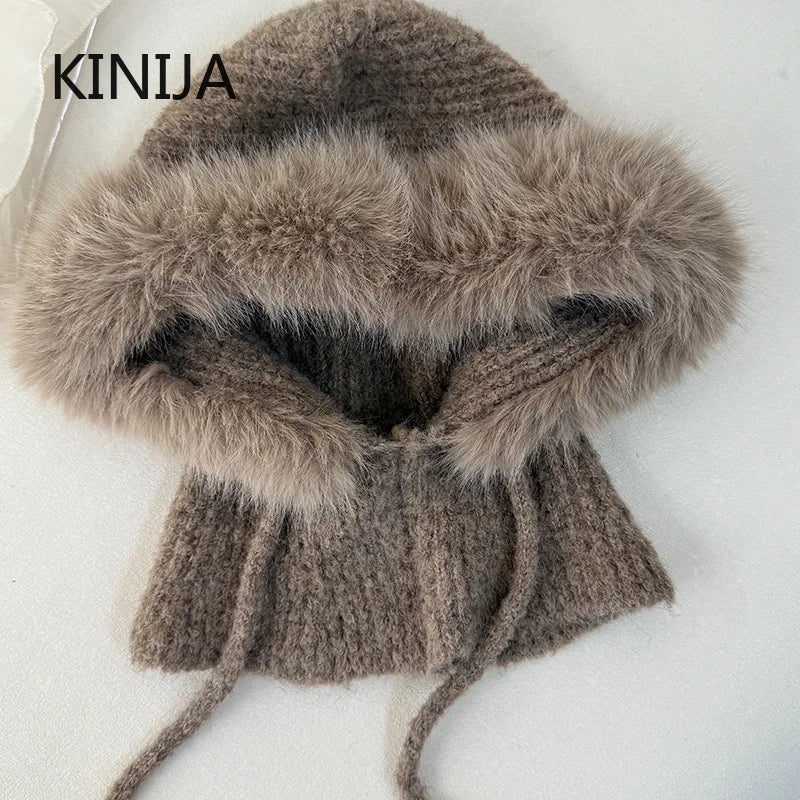 New Balaclava Women's Winter Wool Knitted Hat Ski Windproof Hat Thick Plush Fluffy Beanies Hood Pullover Hats for Riding Outdoor
