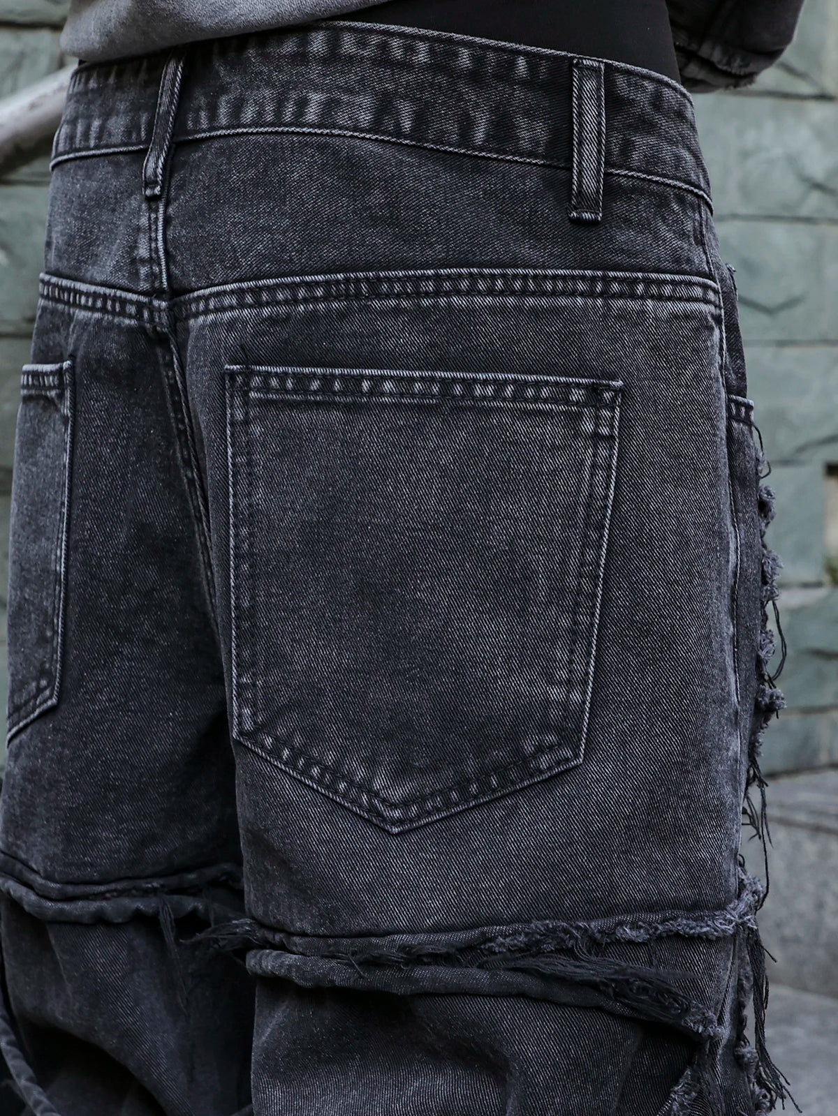 Men's Black Jeans. With a Design of (Ripped Holes) and Tassels. In a Street Trend Style.